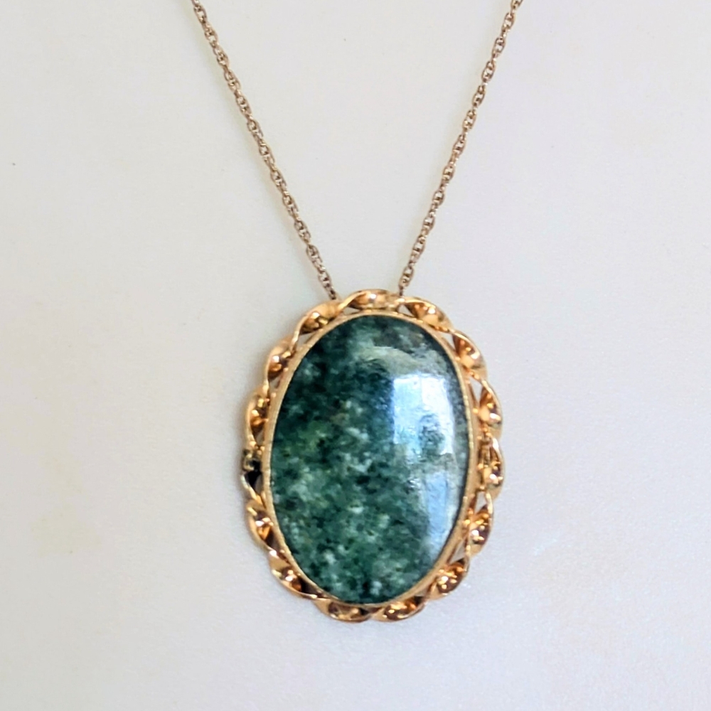 BAL-RON 12k Gold Filled Oval JADE Pendant Pin Brooch G.F. Vintage Chain Necklace